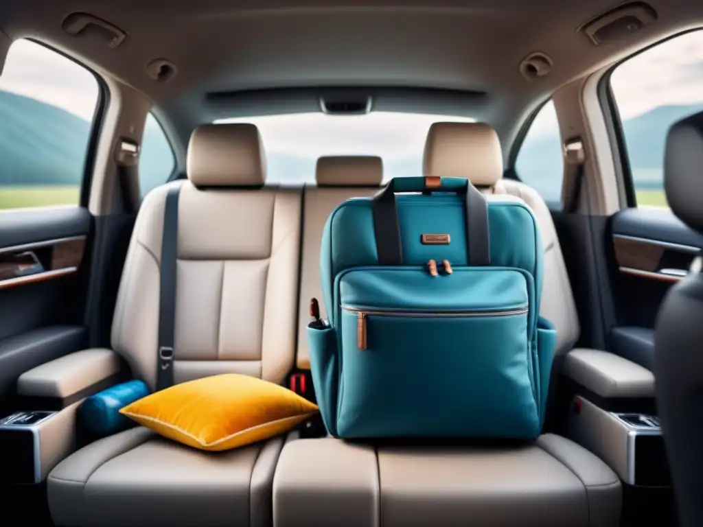 Interior acogedor y equipado para niños en viajes Acogedor equipamiento esencial viaje carretera niños en un coche familiar bien equipado, listo para un viaje relajante