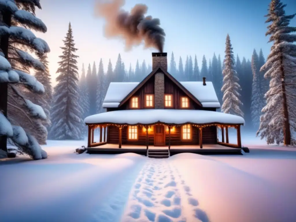 Acogedora cabaña en bosque nevado, humo saliendo de la chimenea, rodeada de altos pinos cubiertos de nieve fresca