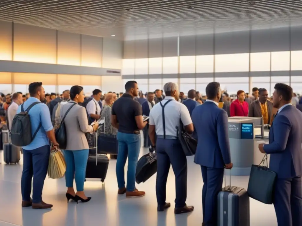 Multitud en aeropuerto: diversidad de viajeros en trámites migratorios Un aeropuerto bullicioso con viajeros de todo el mundo, en fila para inmigración bajo luces brillantes
