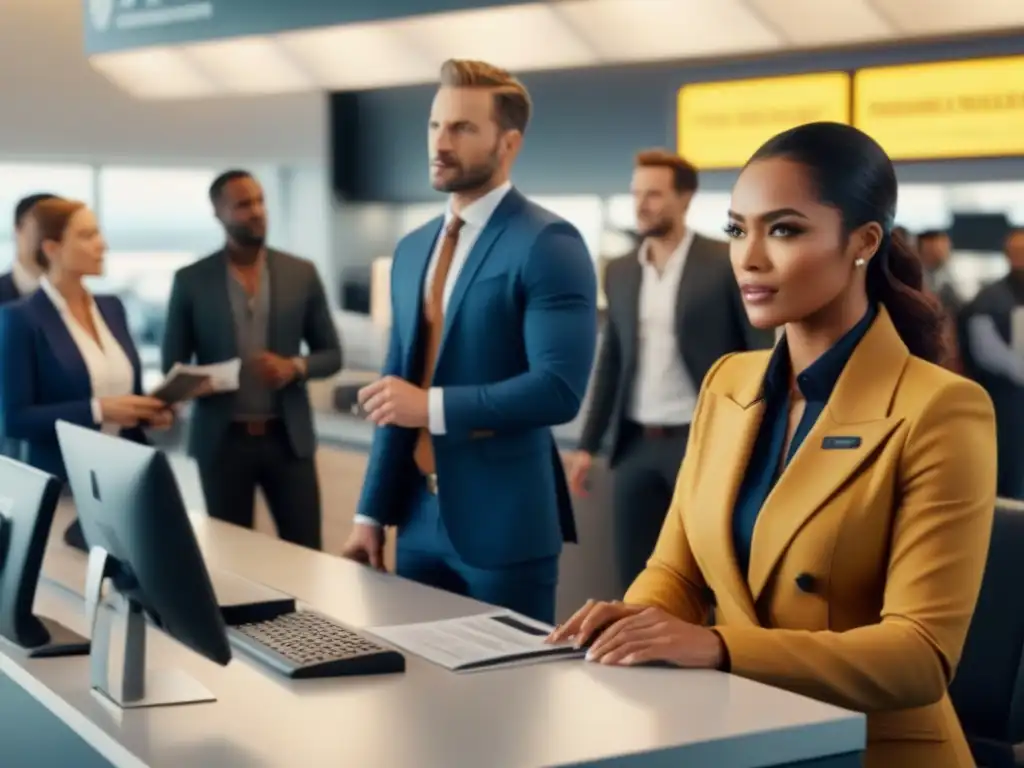 Agentes de alquiler de coches explican seguros a viajeros Un agente de alquiler de coches explica seguros a viajeros en un concurrido aeropuerto