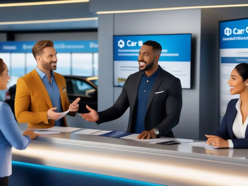 Agentes de alquiler de coches explican seguros con claridad Agentes explican coberturas de seguro alquiler coche viaje a clientes en mostrador con autos y documentos en aeropuerto