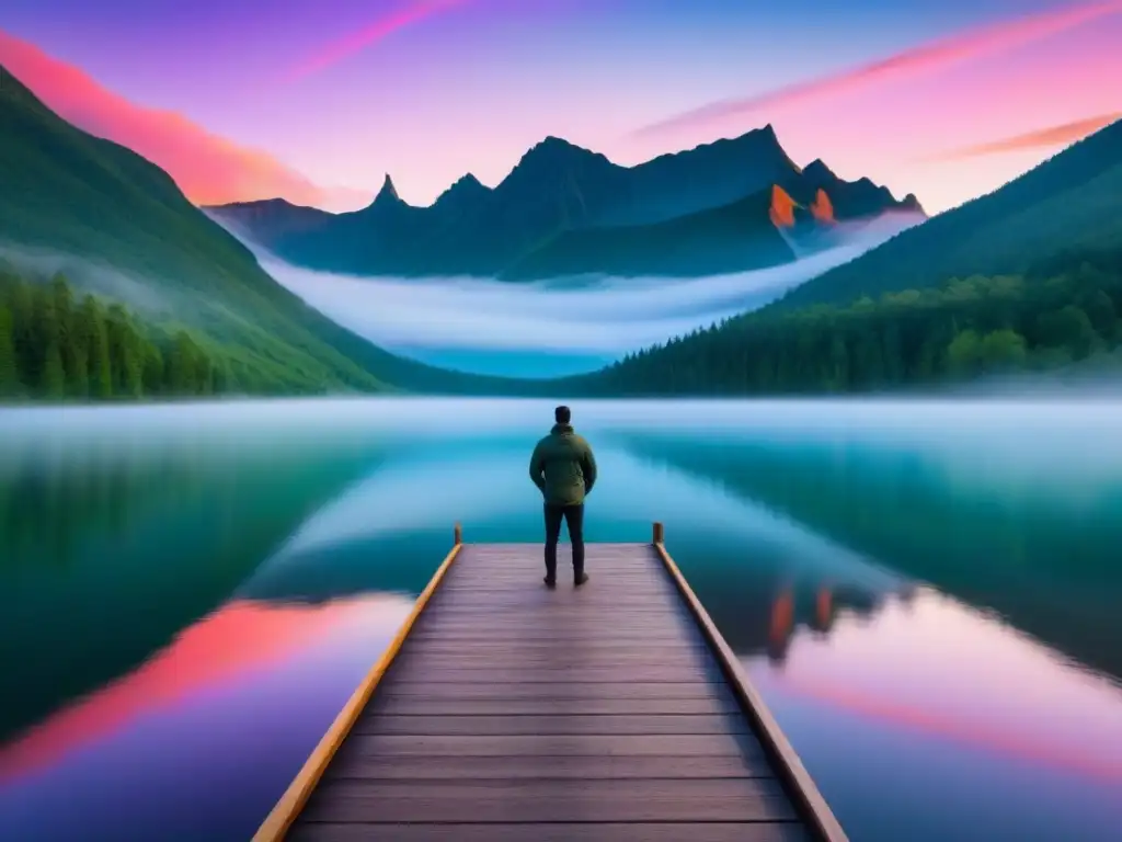 Un amanecer impresionante sobre un lago de montaña tranquilo, reflejando los tonos vibrantes del cielo pintados con suaves rosas, morados y naranjas