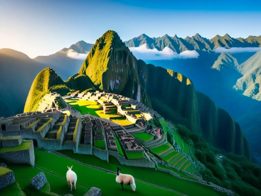 Amanecer mágico en Machu Picchu: sol iluminando ruinas entre montañas Amanecer mágico sobre el Camino Inca a Machu Picchu, entre montañas verdes y ruinas antiguas