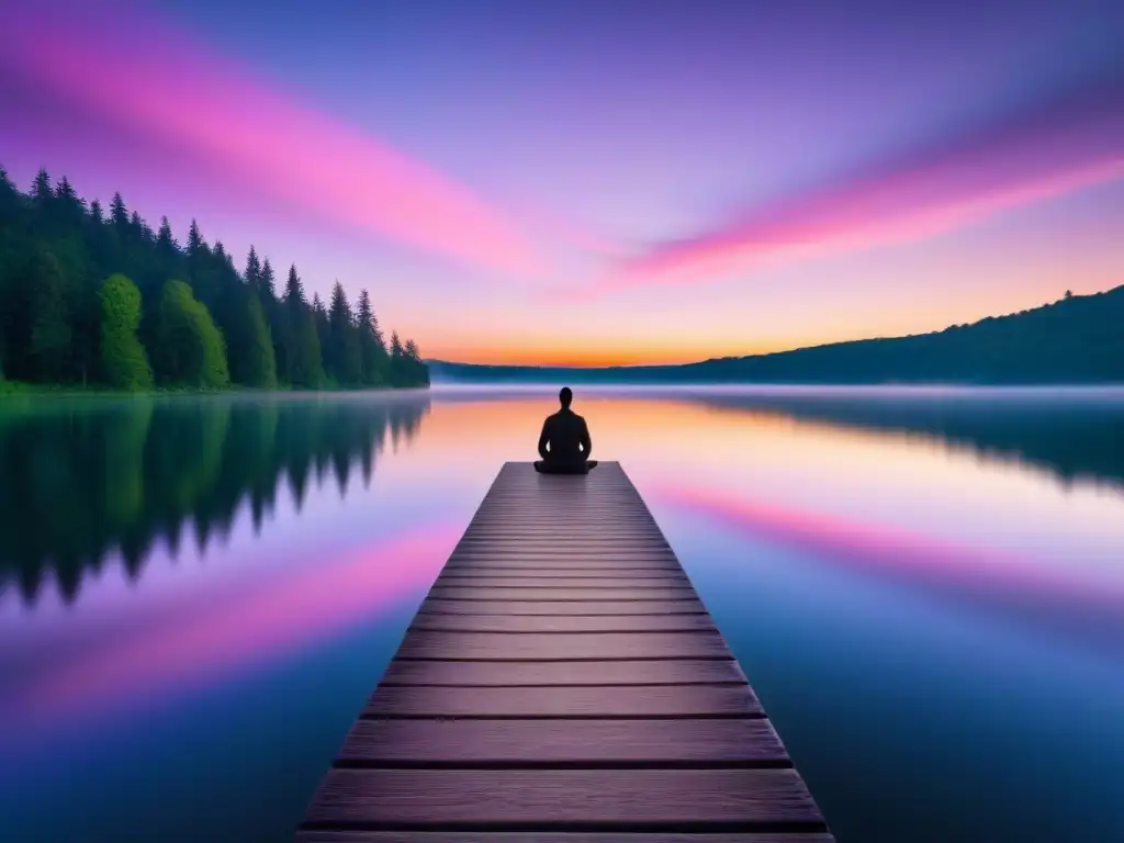 Meditación al amanecer en lago sereno Un amanecer sereno sobre un lago, rodeado de bosques verdes, con muelle de madera