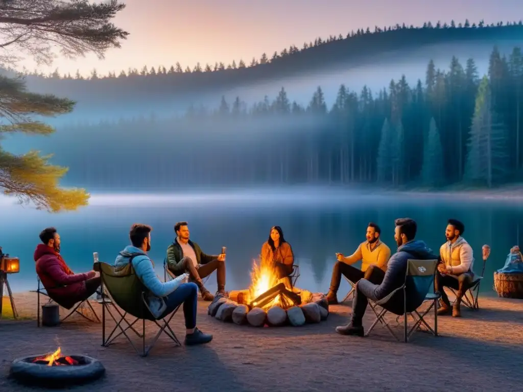 Noche de camping bajo pinos: amigos, fogata y risas Amigos disfrutando de un sereno campamento en la naturaleza, rodeados de árboles altos y un lago brillante al atardecer