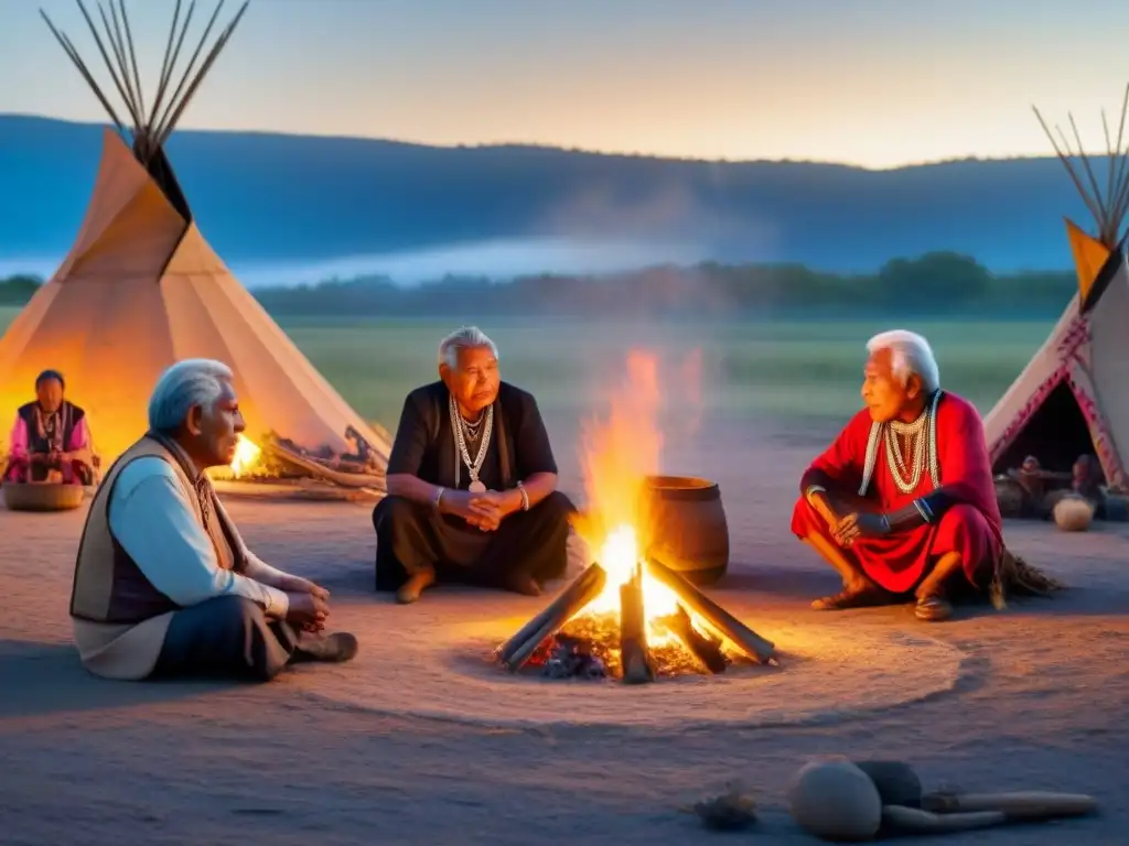 Ceremonia ancestral: sabiduría y fuego bajo las estrellas Ancianos indígenas alrededor de la fogata, en festival ancestral bajo las estrellas