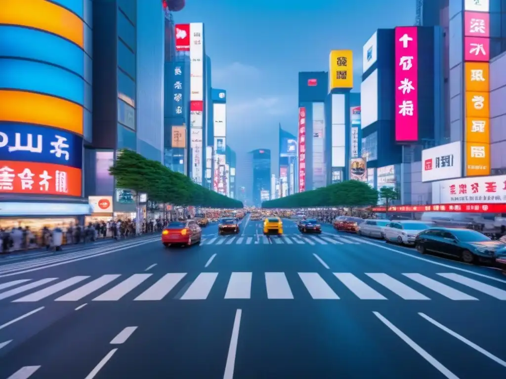 Intersección vibrante en Tokio: tradición y modernidad en armonía Intersección animada en Tokio con vehículos tradicionales y modernos en armonía