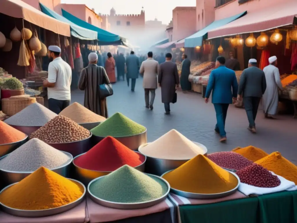 Mercado callejero vibrante en Marrakech: colores, especias y artesanías Un animado mercado callejero en Marrakech, Marruecos, lleno de textiles coloridos y artesanías tradicionales