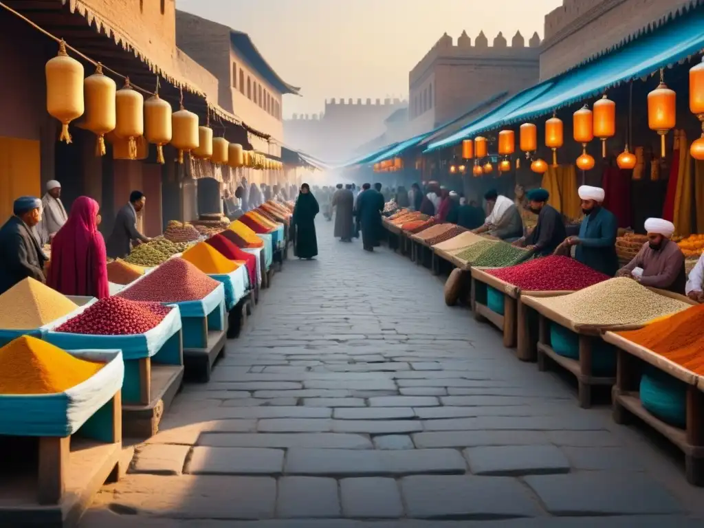 Un animado mercado en la histórica Ruta de la Seda, con especias, textiles y mercaderes en trajes tradicionales