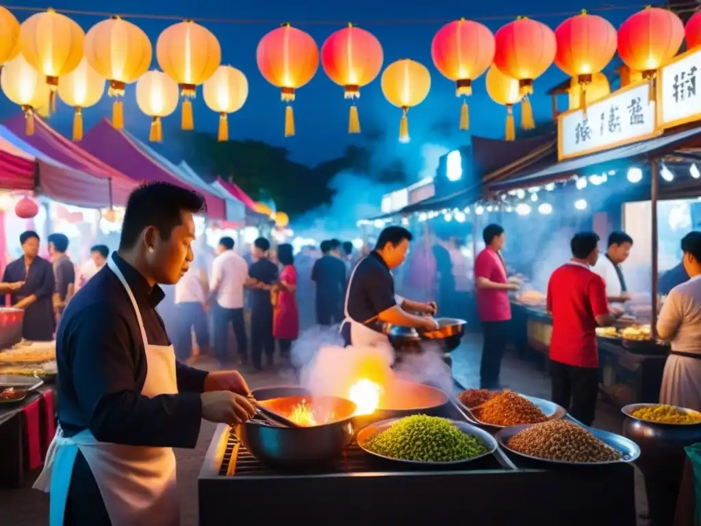 Mercado nocturno asiático: Sabores y colores bajo la luna Animado mercado nocturno en Asia con puestos de comida coloridos bajo luces y faroles, en una vibrante escena de aromas y sabores