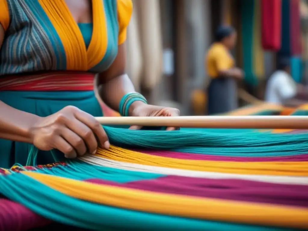 Artesano tejiendo textiles en mercado colorido, preservando tradiciones locales