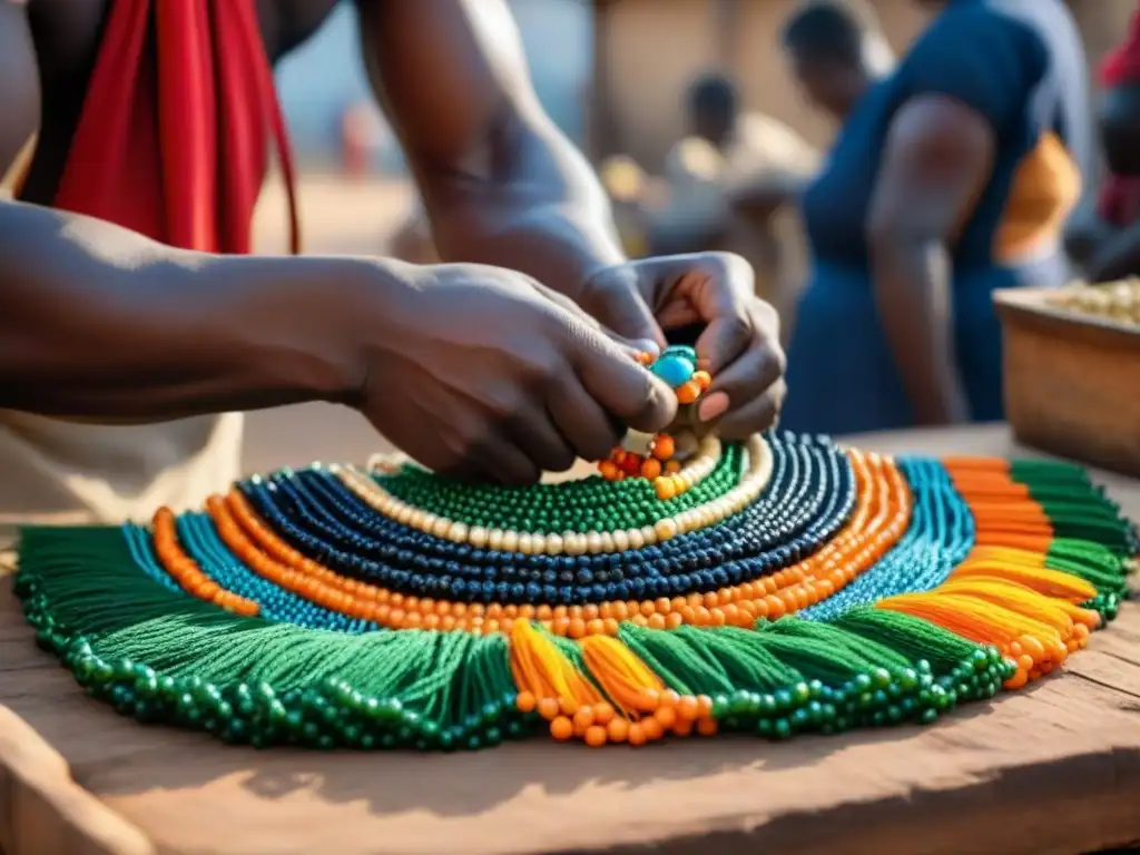 Artesanía zambiana: creación de joyas tradicionales en mercado vibrante Artesano zambiano crea joyería tradicional en bullicioso mercado