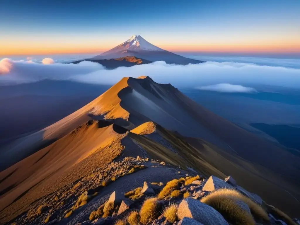 Espléndido amanecer desde la cumbre del Pico de Orizaba Ascenso al Pico de Orizaba: amanecer dorado sobre el paisaje mexicano con picos nevados y cielos azules, sombras dramáticas en terreno rocoso