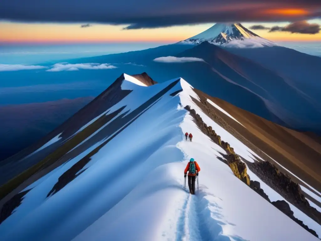 Epica travesía al atardecer en el Pico de Orizaba Ascenso al Pico de Orizaba: experimentados montañistas se aventuran al atardecer, desafiando la majestuosidad de la montaña