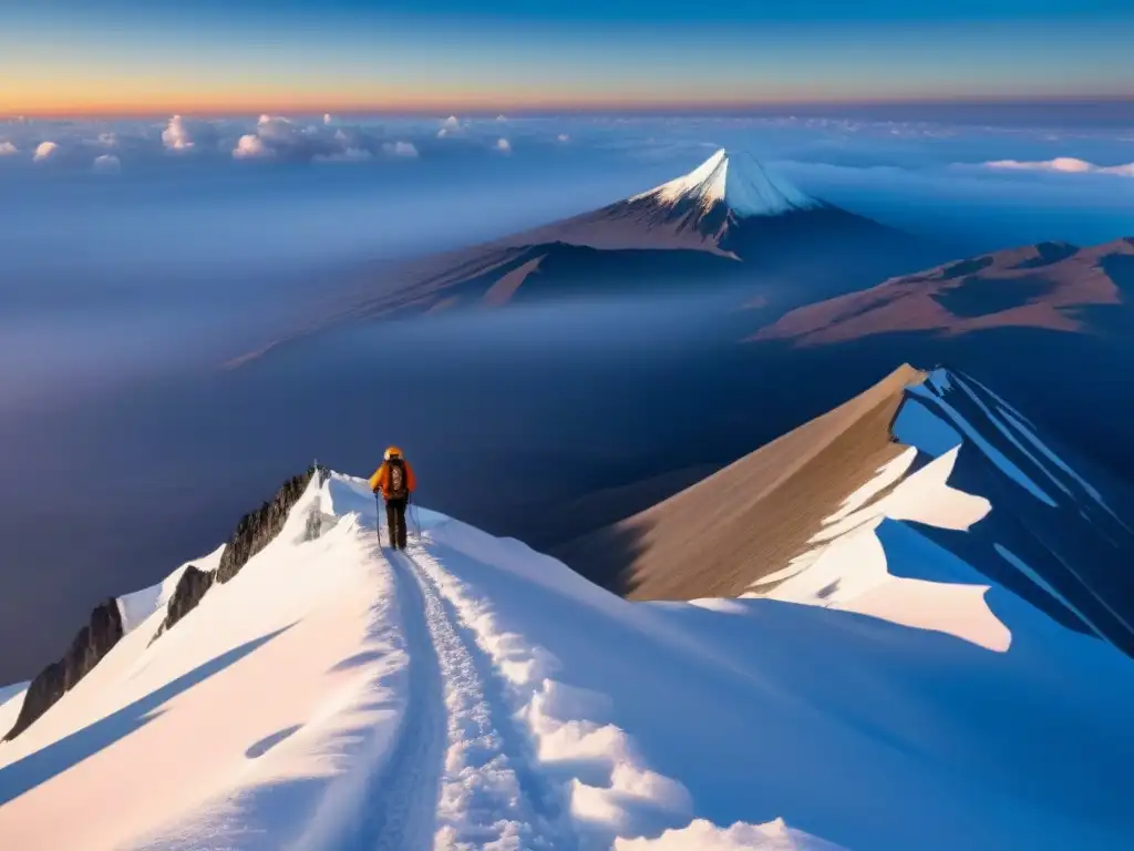Épico atardecer en la cima del Pico de Orizaba Ascenso al Pico de Orizaba: montañistas celebran cumbre con emoción en paisaje impresionante al atardecer