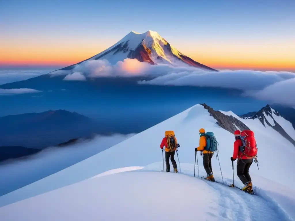 Ascenso épico al Pico de Orizaba: desafío y belleza en la montaña Ascenso al Pico de Orizaba: montañistas equipados en la nieve al amanecer, transmitiendo determinación y belleza natural
