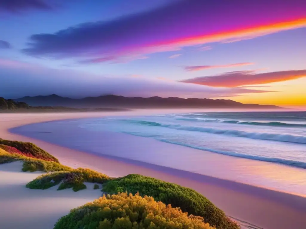 Atardecer mágico en Playa de los 90 Mile en Nueva Zelanda Atardecer en la extensa playa de 90 Mile Beach en Nueva Zelanda, con colores vibrantes en el cielo y arena dorada