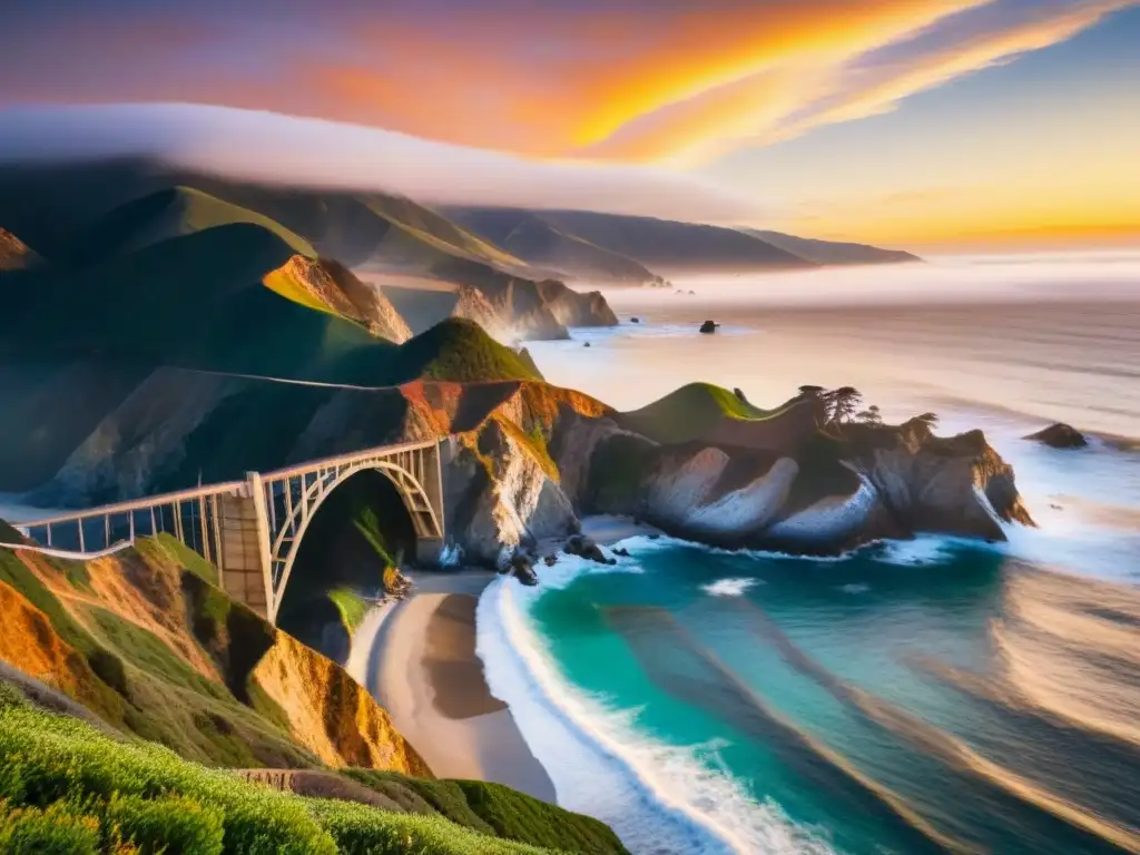 Un atardecer impresionante sobre la costa escarpada de Big Sur, California, iluminando el puente Bixby Creek en la Ruta Pacific Coast