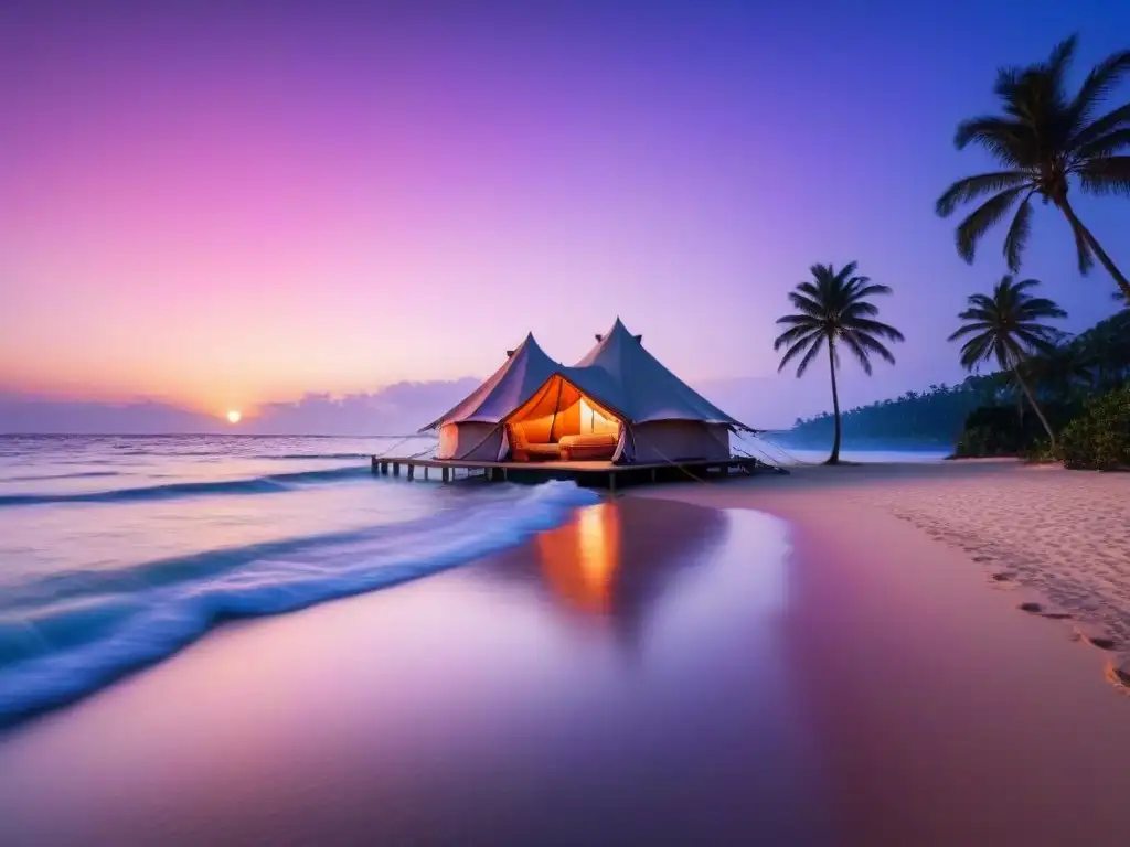 Romántico atardecer en isla tropical con tienda glamping Un atardecer impresionante en una playa solitaria de una isla tropical, con una lujosa tienda de glamping entre palmeras