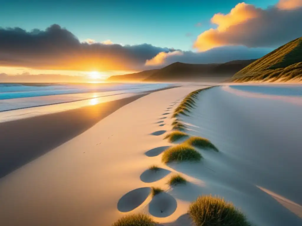 Playa de 90 Millas al atardecer: belleza natural y serenidad Un atardecer mágico en la extensa 90 Mile Beach de Nueva Zelanda, con el sol dorado desapareciendo en el horizonte y seagulls sobrevolando el cielo