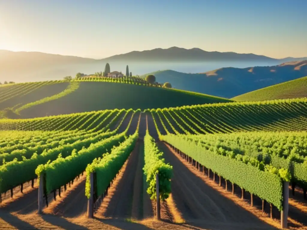 Viñedo en Napa Valley al atardecer: belleza serena y dorada Un atardecer mágico en un viñedo de Napa Valley, con filas de uvas verdes y el sol dorado detrás de las montañas