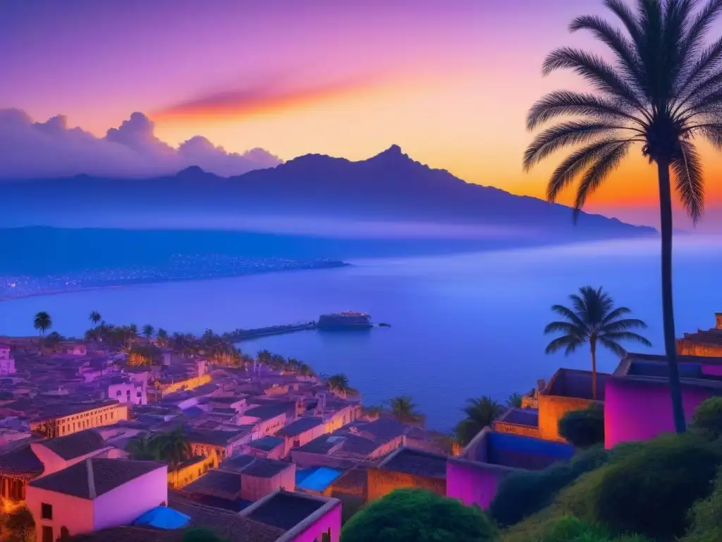 Atardecer dorado sobre ciudad antigua Un atardecer vibrante sobre una antigua ciudad, iluminando con un cálido resplandor dorado la arquitectura detallada y calles bulliciosas