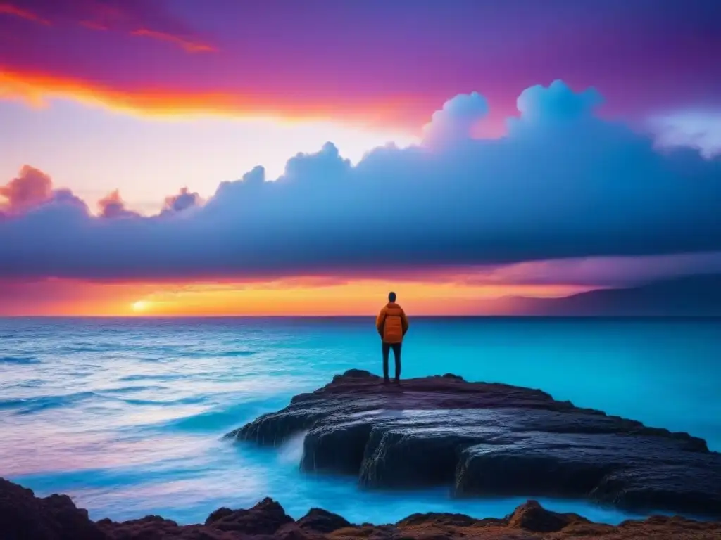 Puesta de sol: serenidad y contemplación en el acantilado Un atardecer vibrante sobre un mar turquesa, con una figura solitaria en un acantilado rocoso