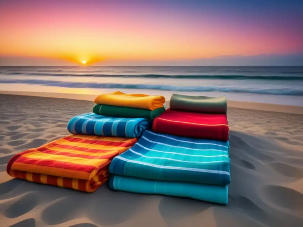 Puesta de sol emocional en la playa Un atardecer vibrante sobre una playa serena, con toallas de colores que representan emociones, destacando la psicología del color en videografía