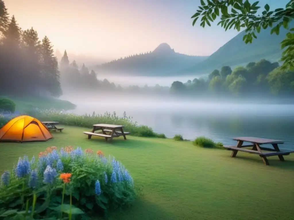 Campamento europeo al amanecer: serenidad y naturaleza Atmósfera serena en un camping europeo al amanecer, con vegetación exuberante y lago tranquilo