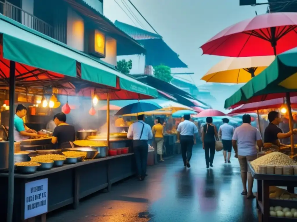 Mercado callejero en Bangkok: sabores y colores tailandeses Atmósfera vibrante de Bangkok, con coloridos puestos de comida callejera y turistas disfrutando de los mejores sabores urbanos