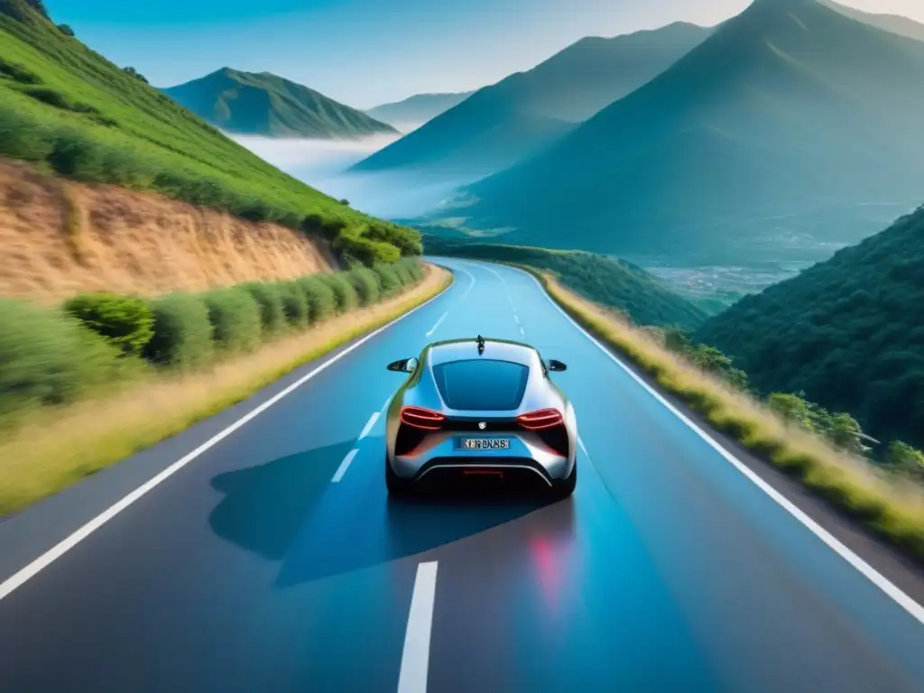 Coche autónomo futurista en paisaje montañoso Un auto autónomo futurista recorriendo una carretera escénica rodeada de montañas verdes bajo un cielo azul, mostrando la tecnología de Inteligencia Artificial en Viajes por Carretera