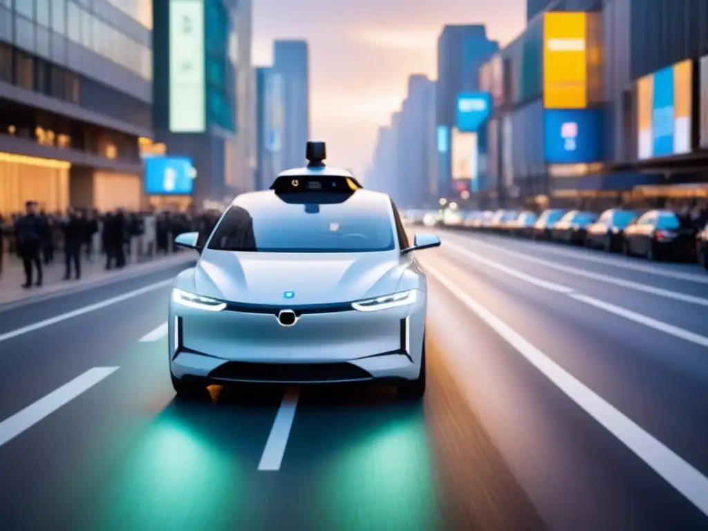 Coche autónomo futurista en ciudad: AI revolucionando el tráfico Un auto autónomo futurista recorre la ciudad, fusionando la Inteligencia Artificial en Viajes por Carretera