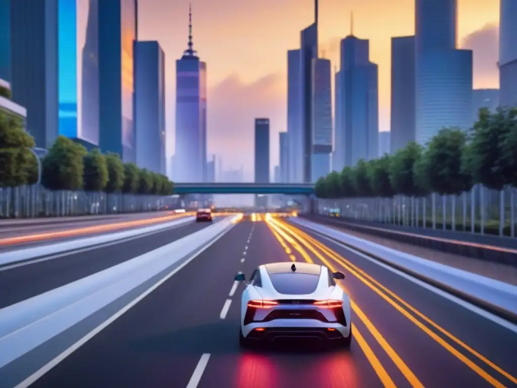 Coche autónomo futurista en autopista al atardecer Un automóvil autónomo futurista recorriendo una autopista, con sensores de inteligencia artificial visibles