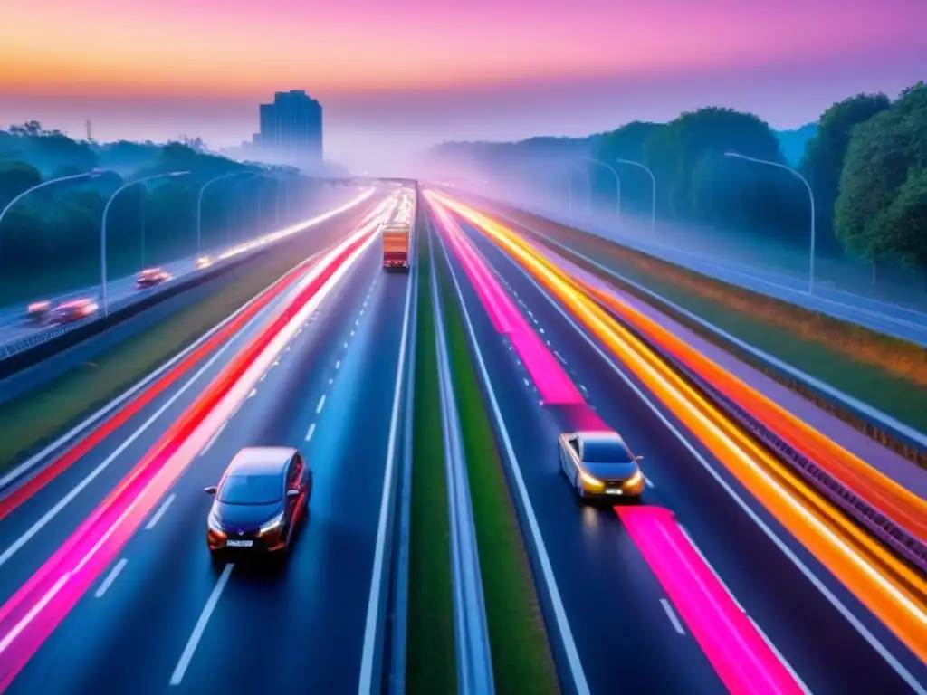Modernidad en acción: sistema de tráfico inteligente al atardecer Una autopista moderna al atardecer con sistema de gestión de tráfico inteligente y AI