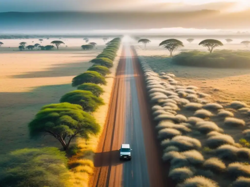 Aventura en la sabana africana: ruta entre acacias y 4x4 Aventura en rutas remotas de África: Un camino de tierra serpenteante entre la sabana africana, flanqueado por acacias