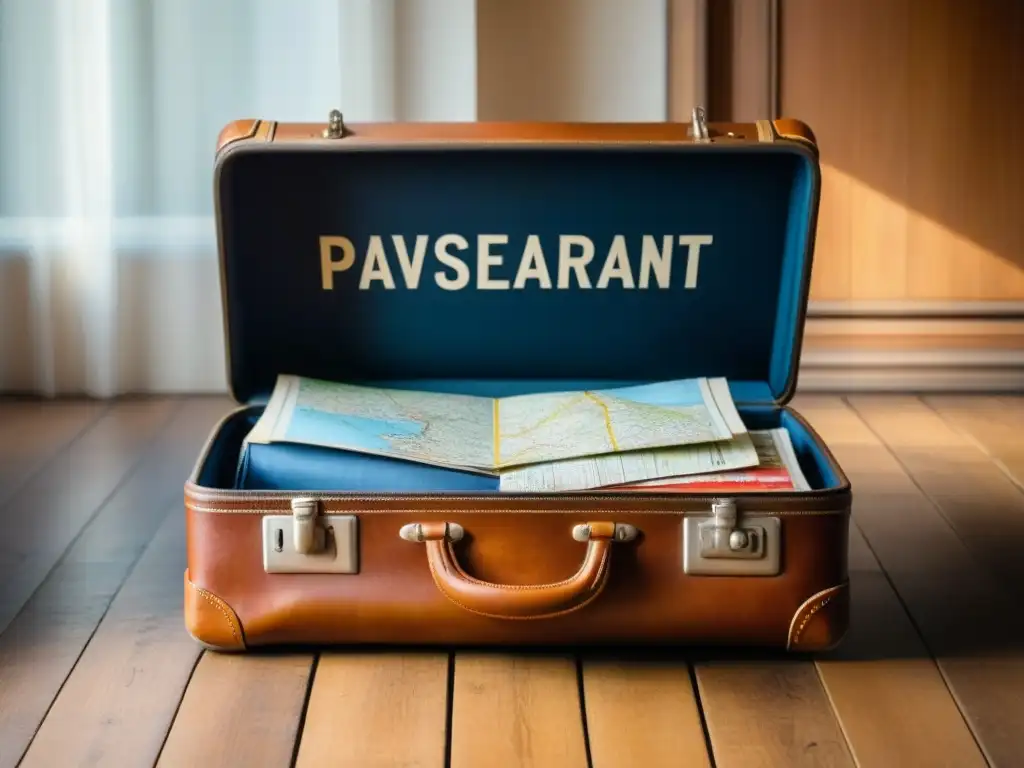 Un baúl de cuero vintage desgastado con pegatinas de viaje de varios países