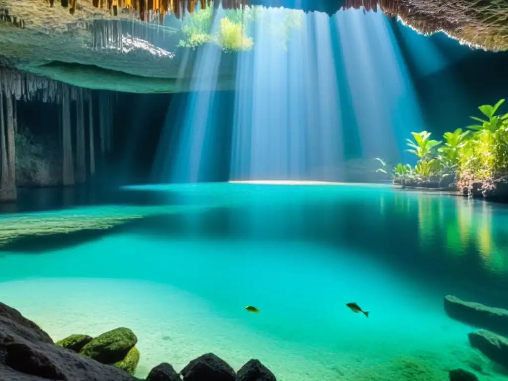 Esplendor natural: cenote cristalino en la selva de México Explora la belleza de un cenote en la Ruta de los Cenotes en México, rodeado de vegetación exuberante y agua turquesa