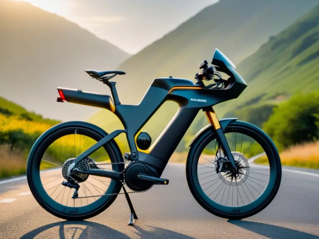 Bicicleta eléctrica de alta tecnología en paisaje montañoso Bicicleta eléctrica moderna en paisaje montañoso con carreteras