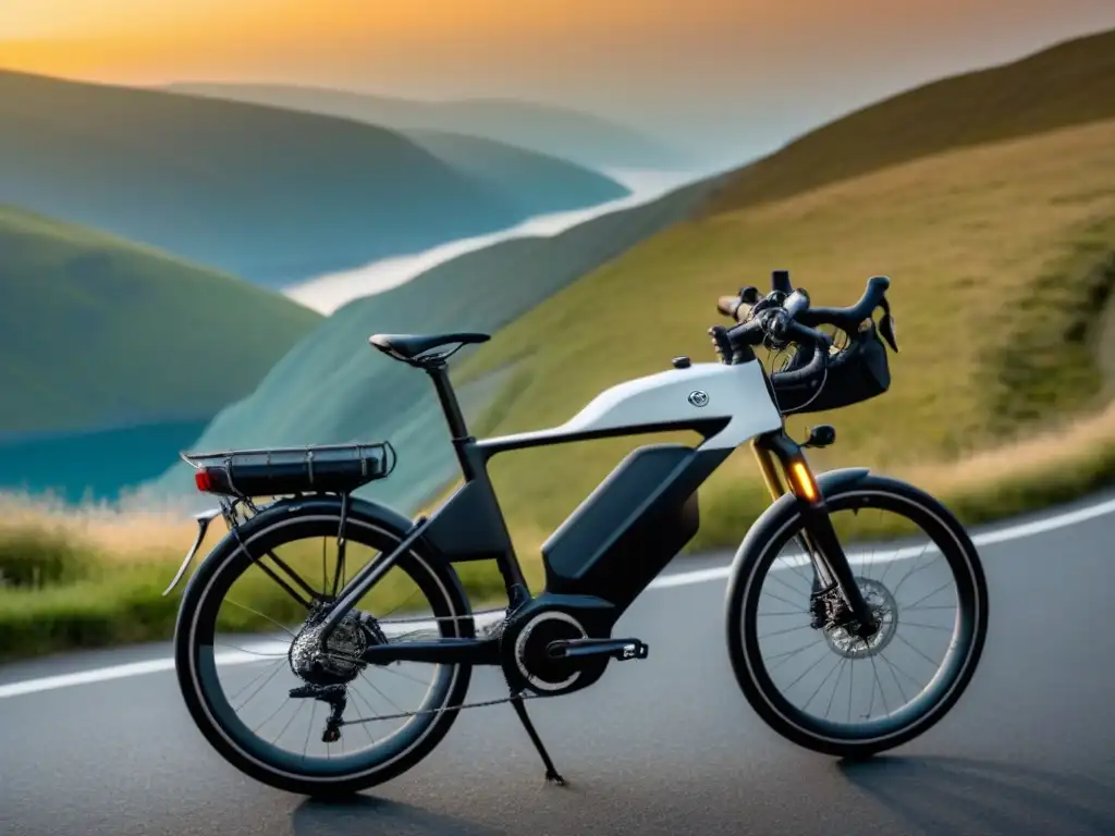 Aventura en bici eléctrica al atardecer Bicicleta eléctrica para viajes por carretera al atardecer en paisaje escénico