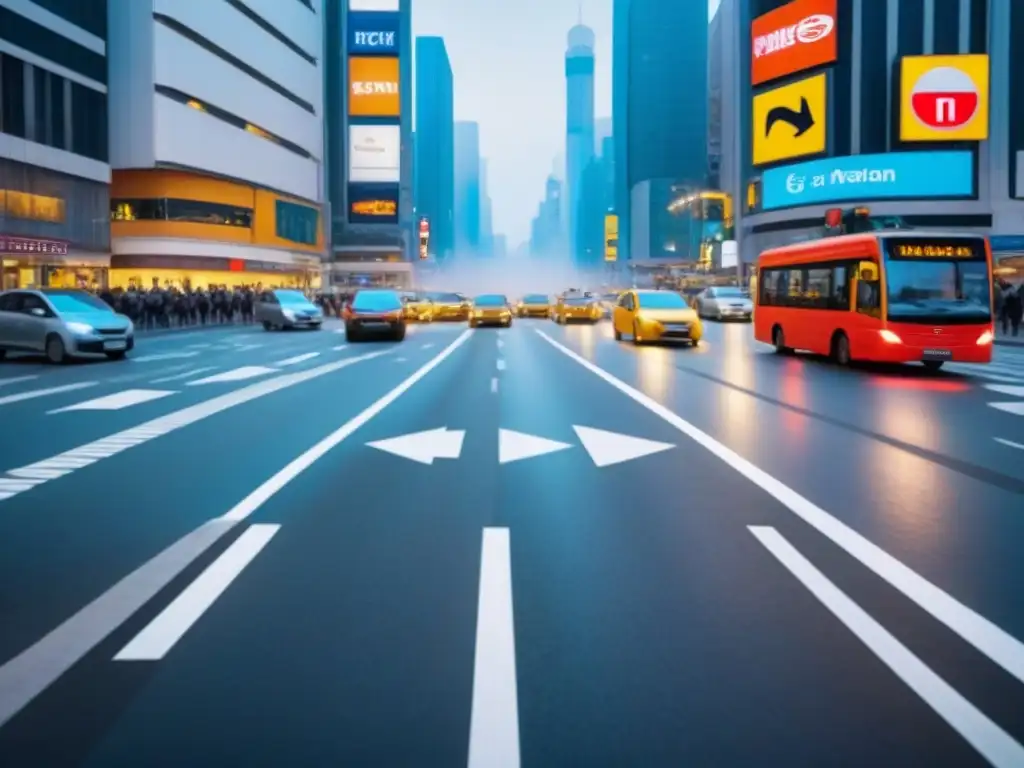 Intersección caótica: diversidad cultural en el tráfico urbano Intersección bulliciosa en ciudad extranjera, con diversidad de vehículos y peatones cruzando