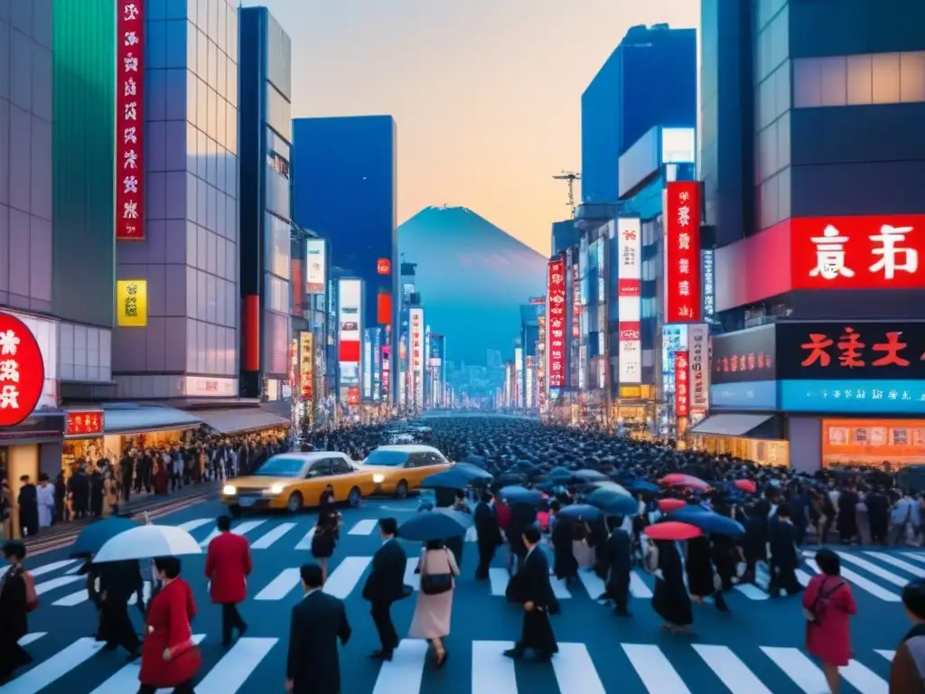 Tokyo: Cruce bullicioso con luces neón y Mt Intersección bulliciosa en Tokio durante la hora pico, donde se mezcla el estilo de conducción en diferentes culturas