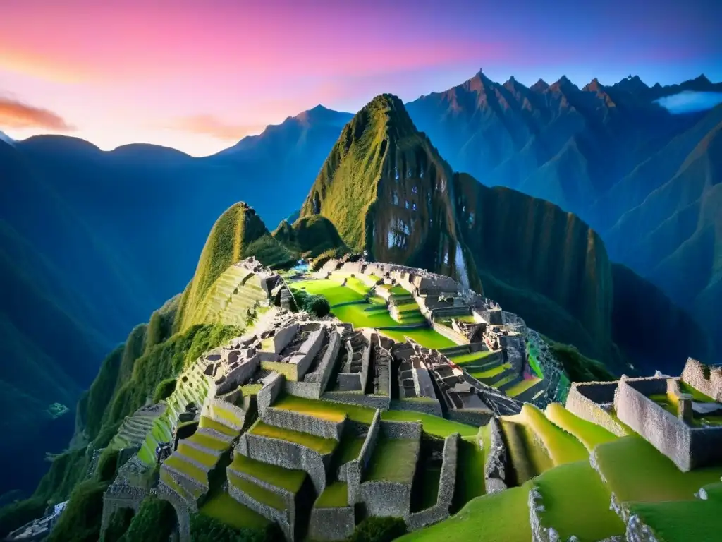 Amanecer mágico sobre Machu Picchu: historia y color Camino Inca a Machu Picchu: Amanecer mágico sobre las ruinas antiguas, envueltas en colores cálidos y misterio de la historia