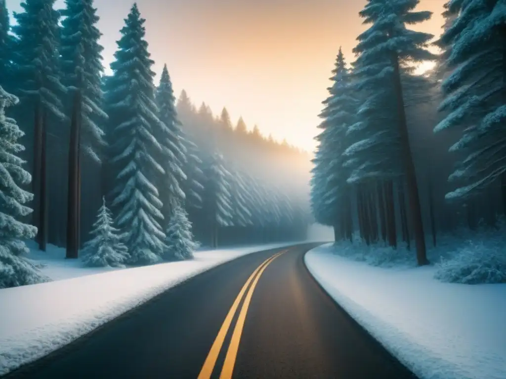 Camino nevado entre pinos: paisaje invernal mágico Un camino nevado serpentea entre majestuosos árboles de invierno