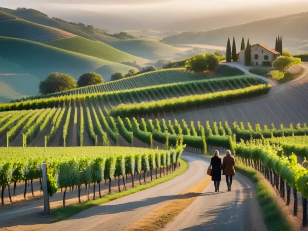 Viñedos al atardecer: degustación en bodega Un camino rural serpenteante rodeado de viñedos coloridos lleva a una bodega entre colinas al atardecer, donde amigos disfrutan de una cata de vinos