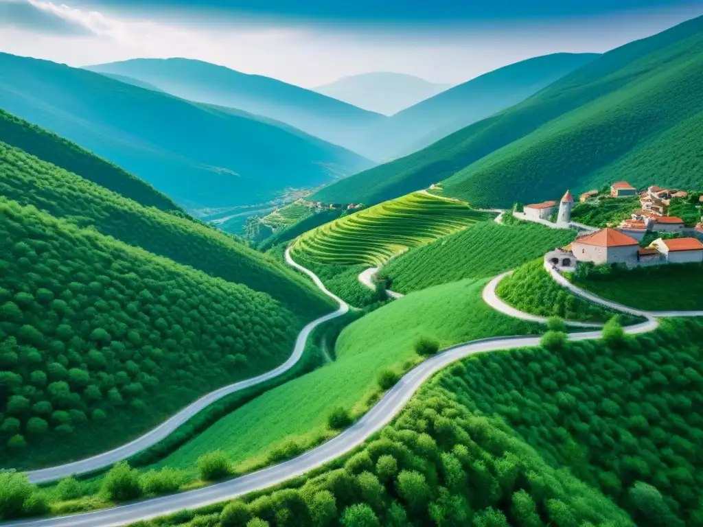 Carretera serpenteante en los Balcanes: historia y belleza natural Un camino serpenteante en los Balcanes, rodeado de frondosos bosques y pueblos tradicionales, con una fortaleza medieval al fondo