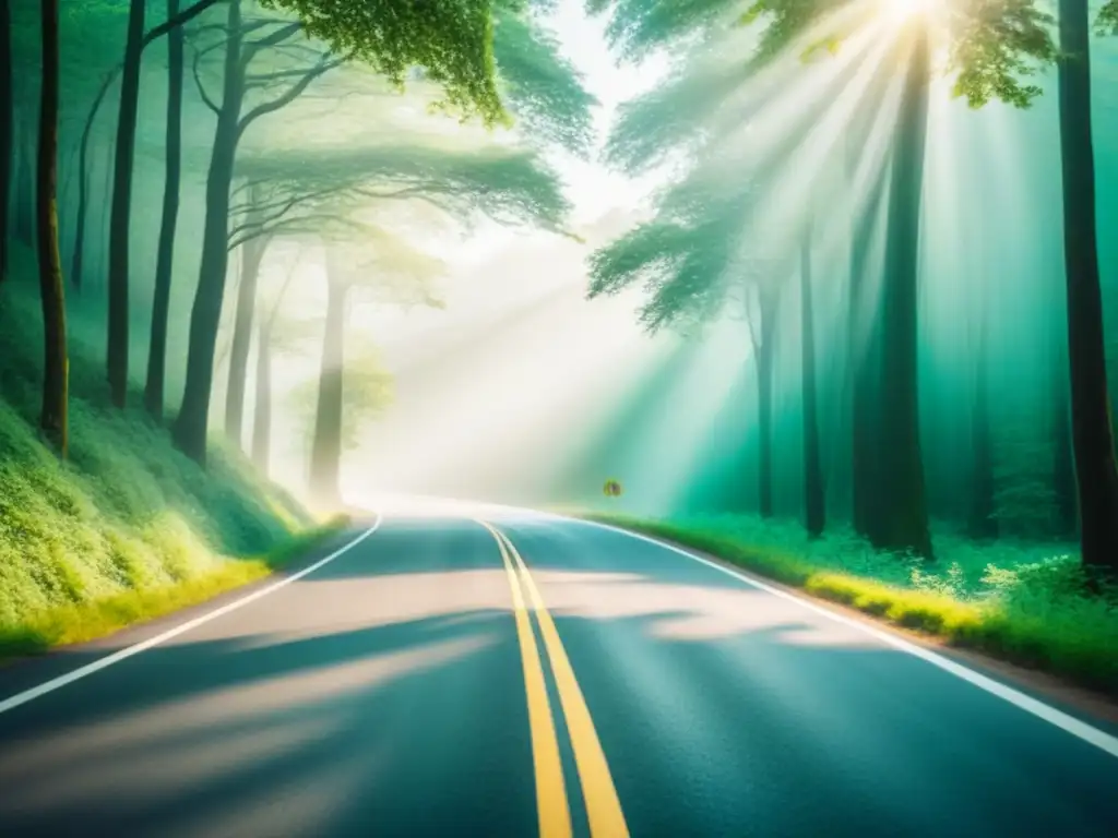 Camino sinuoso: Explora la belleza natural del bosque Un camino serpenteante en un bosque verde con luz solar filtrándose entre las hojas