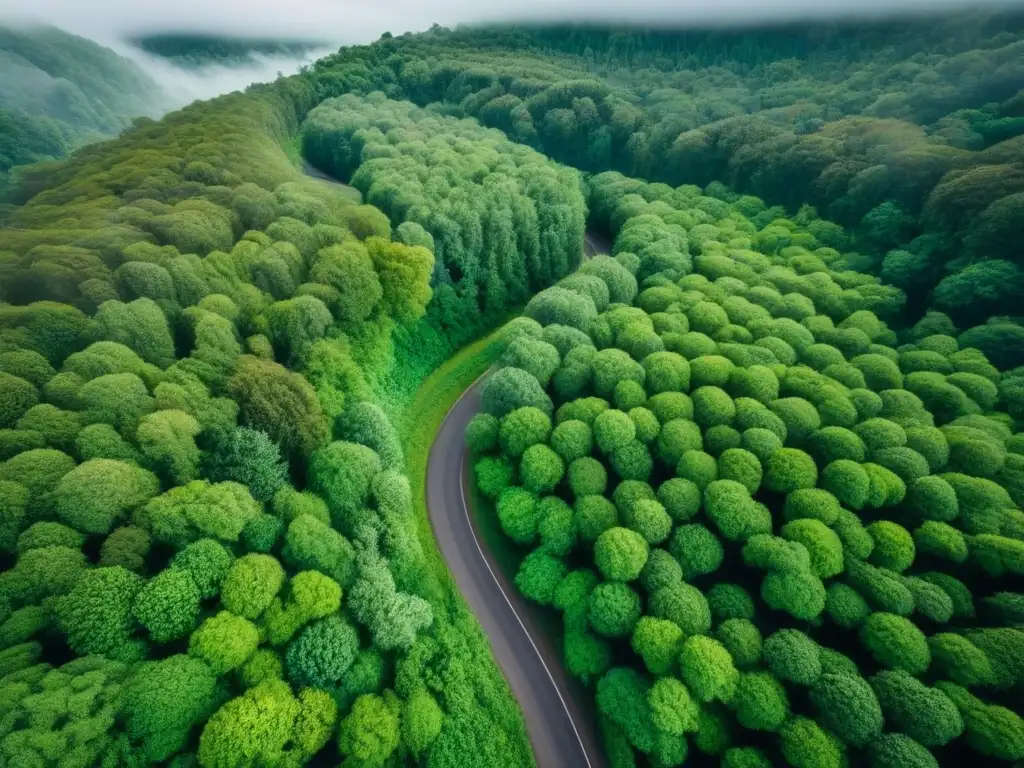 Camino secreto entre frondoso bosque: aventura y misterio Un camino serpenteante entre exuberante vegetación, filtrando luz solar