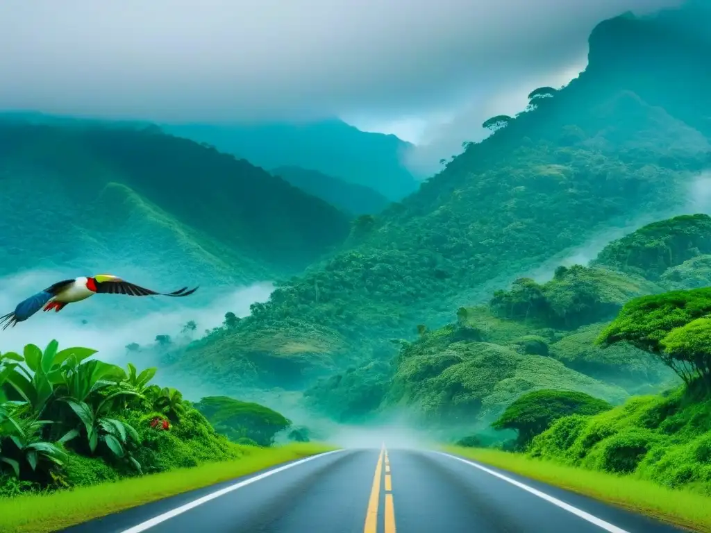 Un camino serpenteante en la exuberante selva de Costa Rica, con aves coloridas y montañas cubiertas de neblina al fondo