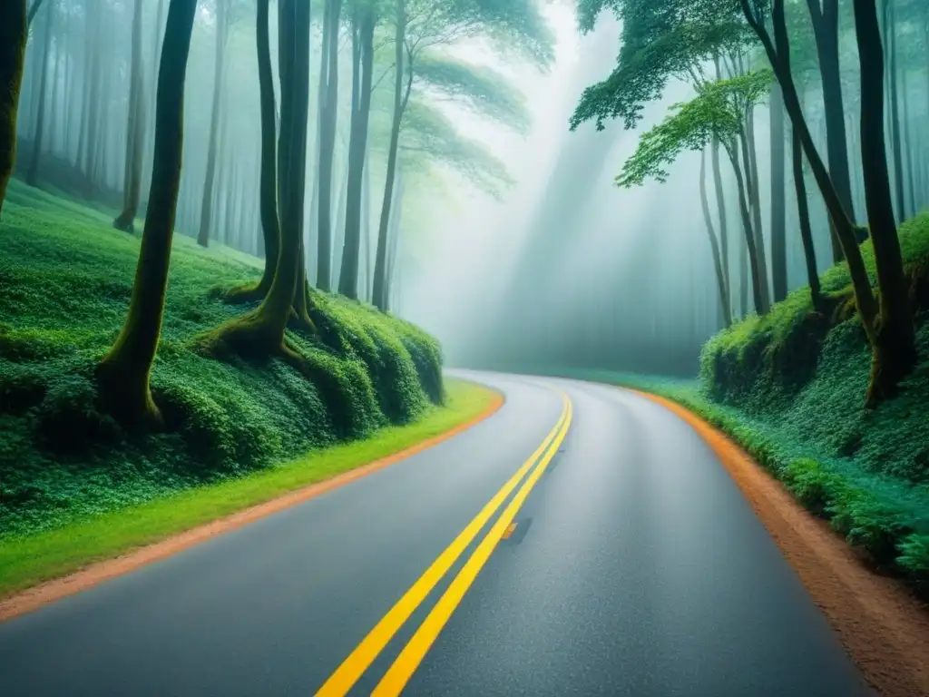 Camino misterioso entre bosques verdes Un camino serpenteante en un frondoso bosque con luz filtrándose entre los árboles