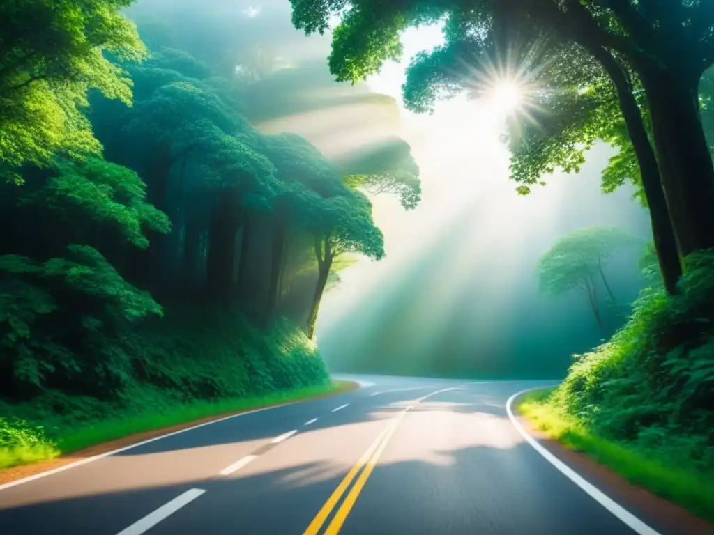 Camino misterioso entre árboles: aventura y secretos Un camino serpenteante rodeado de exuberante vegetación y árboles altos, con misterio y aventura en el aire